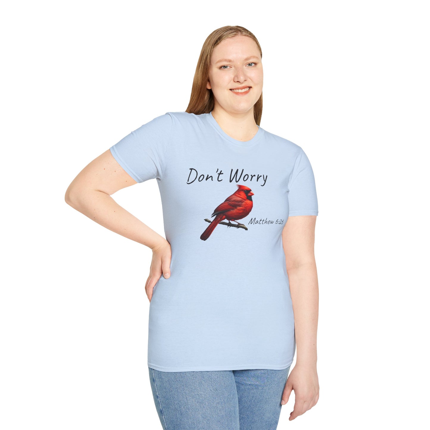 Christian Unisex Softstyle T-Shirt - "Don't Worry" Cardinal Design Matthew 6:26