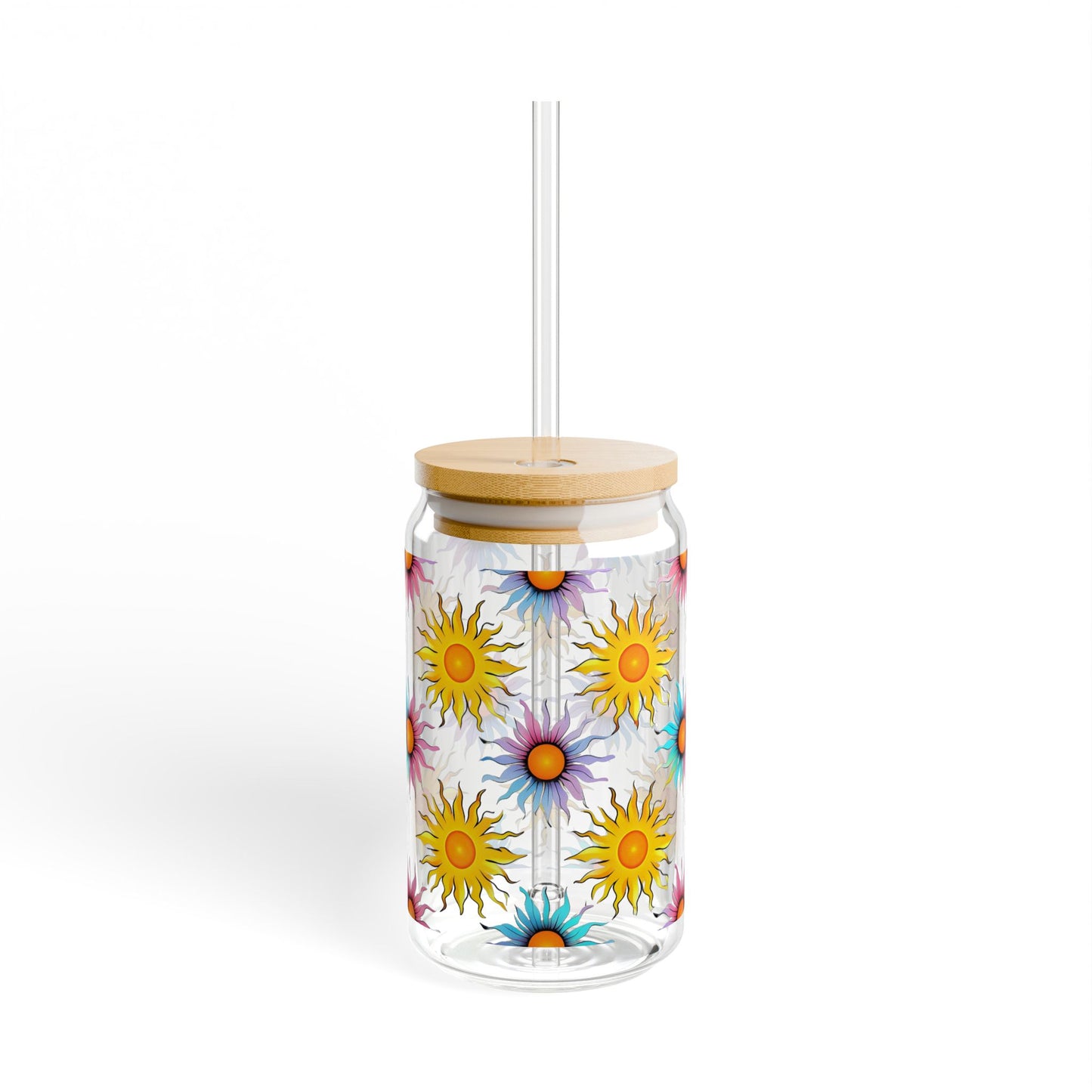 Glass Tumbler, Colorful Vibrant Summer Suns Design, 16oz with Bamboo Lid & Straw