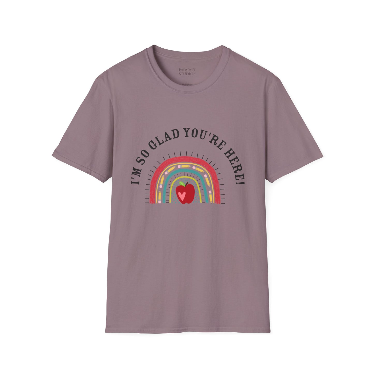 ''m So Glad You're Here! Rainbow, Apple Teacher Graphic T-Shirt Design, Perfect for Gifts, Casual Wear, Teacher Gift, Friends