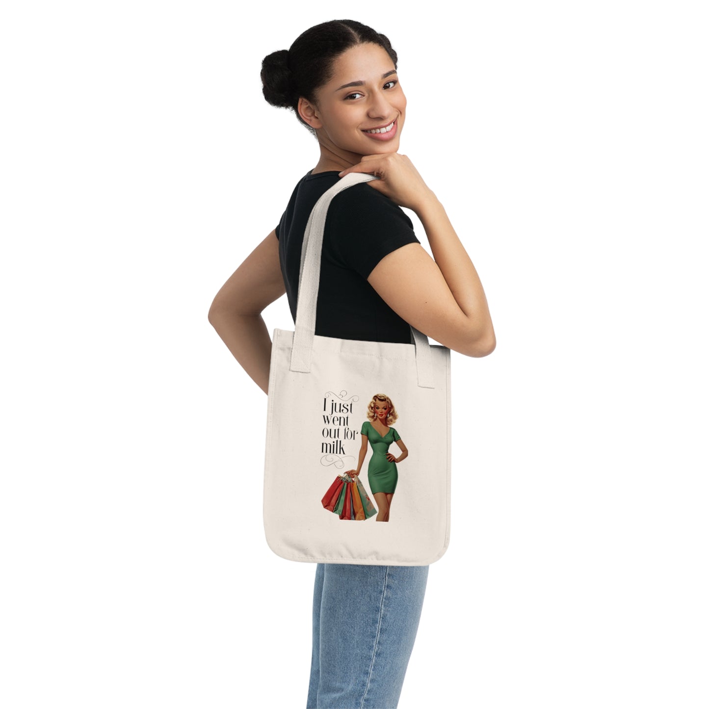 I just went out for milk, Pin Up Girl Tote, Reusable Shopping Bag, Eco-Friendly Grocery Bag, Farmers Market Tote, Everyday Tote Bag