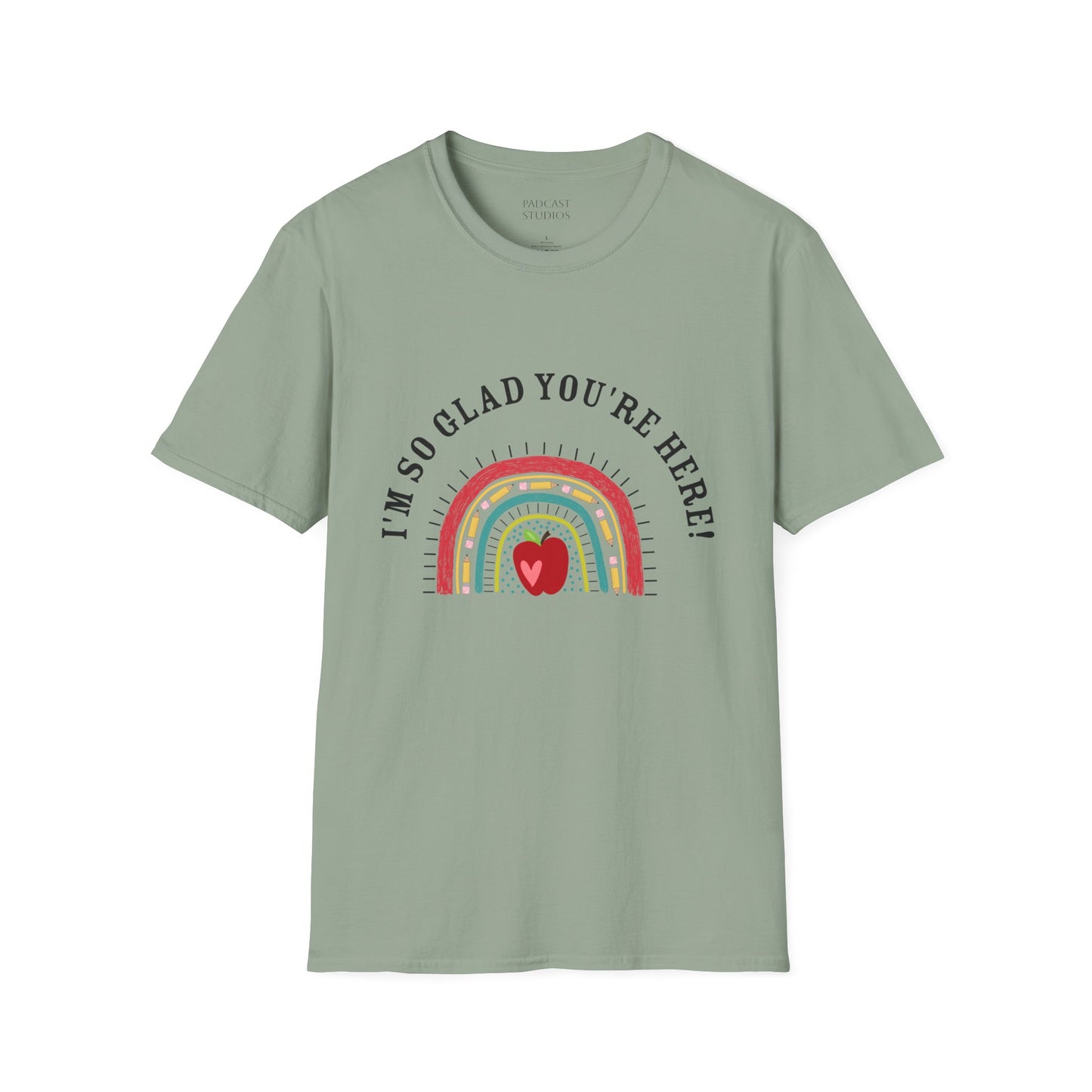 ''m So Glad You're Here! Rainbow, Apple Teacher Graphic T-Shirt Design, Perfect for Gifts, Casual Wear, Teacher Gift, Friends