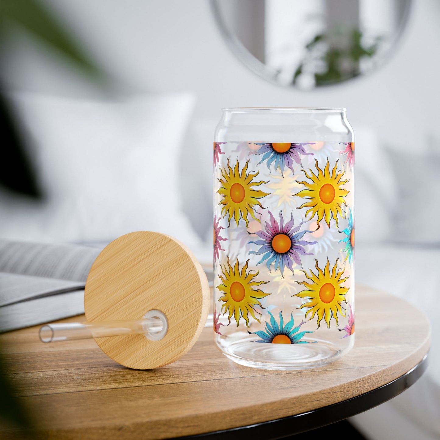 Glass Tumbler, Colorful Vibrant Summer Suns Design, 16oz with Bamboo Lid & Straw