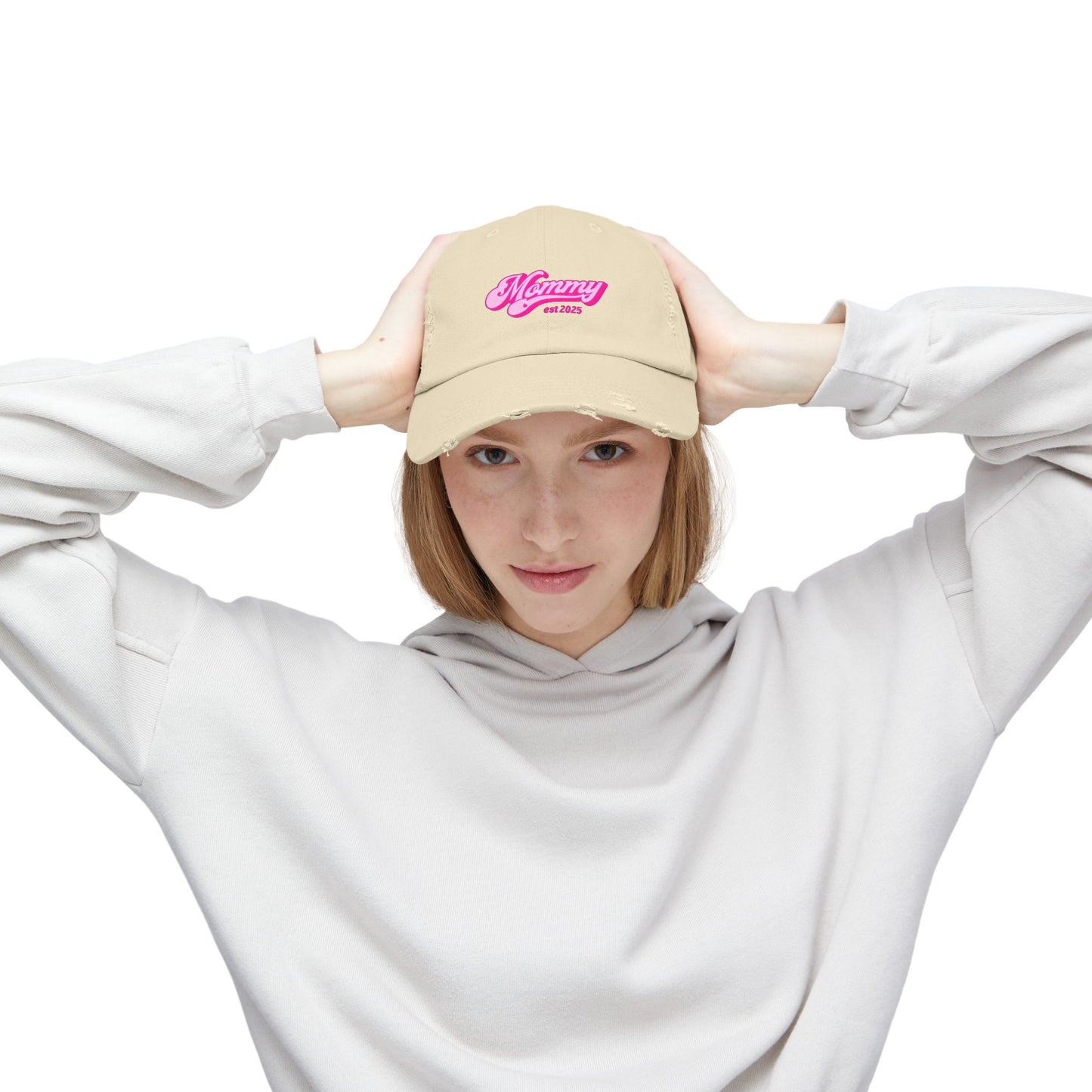 Stylish Distressed Hat - 'Mommy est 2025'
