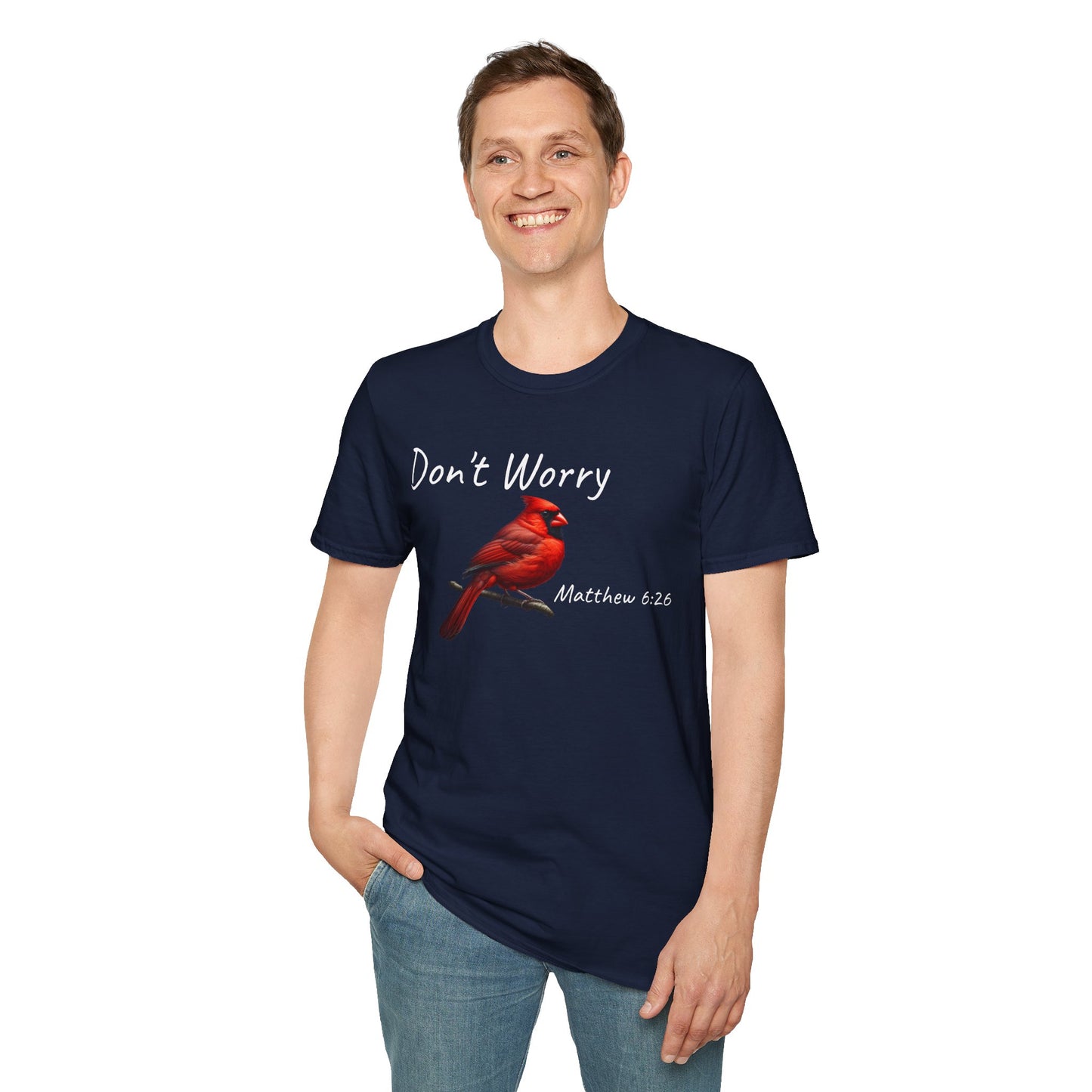 Christian Unisex Softstyle T-Shirt - "Don't Worry" Cardinal Design Matthew 6:26