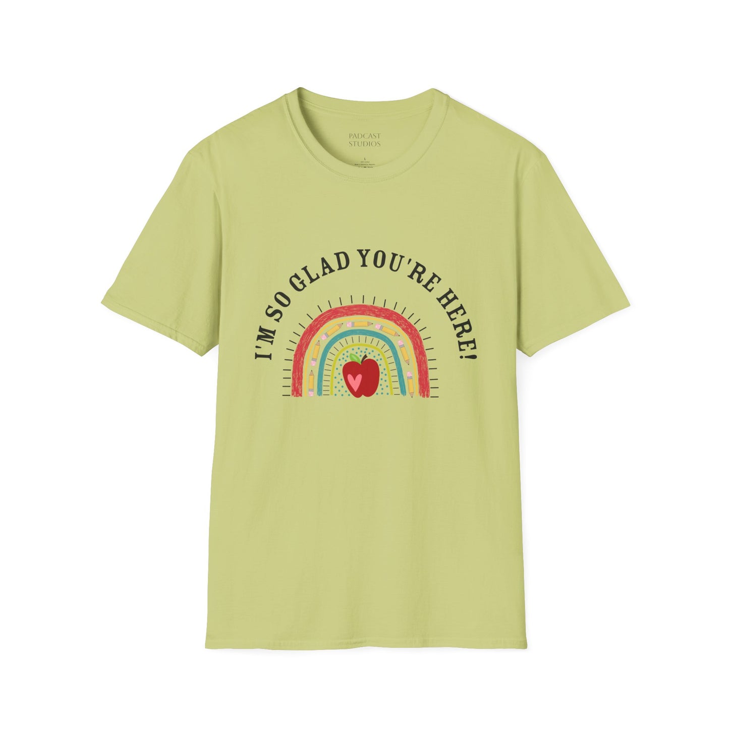 ''m So Glad You're Here! Rainbow, Apple Teacher Graphic T-Shirt Design, Perfect for Gifts, Casual Wear, Teacher Gift, Friends
