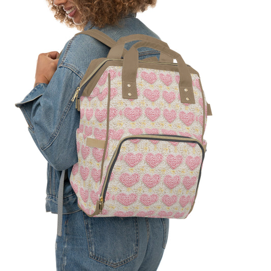 Pink Heart Crochet Pattern Diaper Backpack - Versatile Baby Bag for Parents