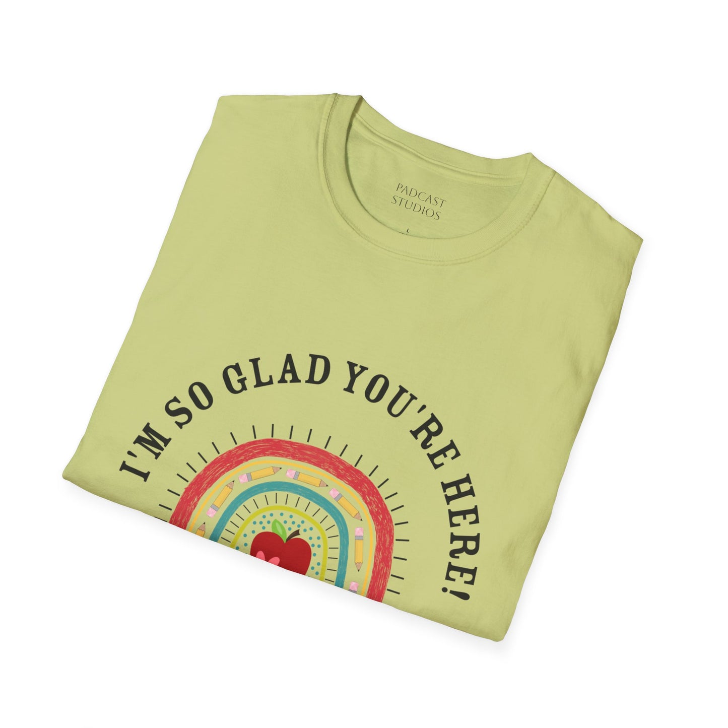 ''m So Glad You're Here! Rainbow, Apple Teacher Graphic T-Shirt Design, Perfect for Gifts, Casual Wear, Teacher Gift, Friends