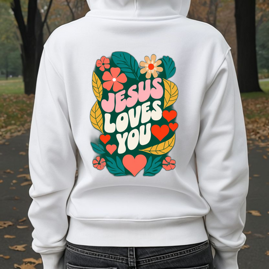 Retro Floral "Jesus Loves You" White Hoodie, Faith-Inspired Cozy Style for Everyday Wear,  Perfect Christian Gift!