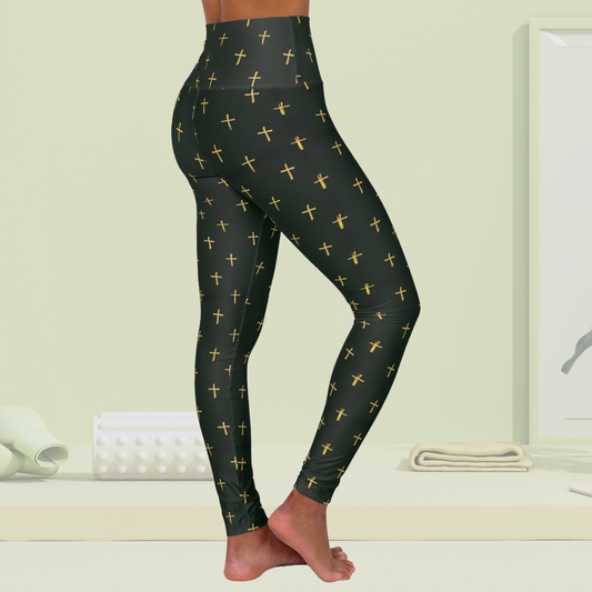 High Waisted Yoga Leggings with Gold Cross Design on Dark Green Background -Elevate Your Workout