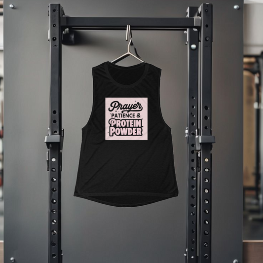 Prayer, Patience & Protein Powder Women's Flowy Muscle Tank Top for Fitness or Casual