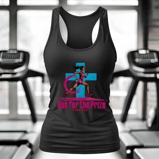 Run for the Prize Racerback Tank Top, Christian Fitness Wear for Women, Running Gym Wear, Bible Verse Gift for Runners Exercise Workout Gear