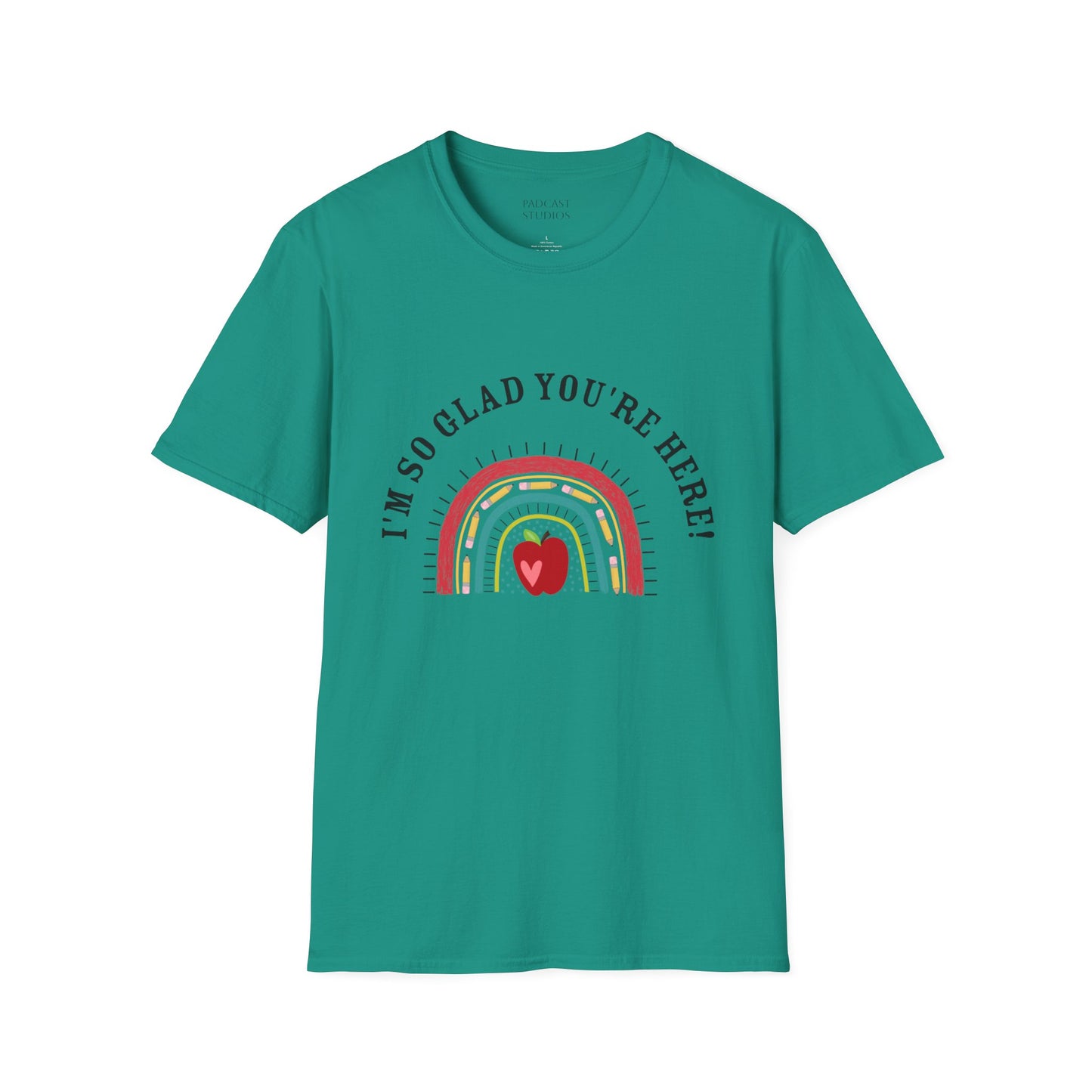 ''m So Glad You're Here! Rainbow, Apple Teacher Graphic T-Shirt Design, Perfect for Gifts, Casual Wear, Teacher Gift, Friends
