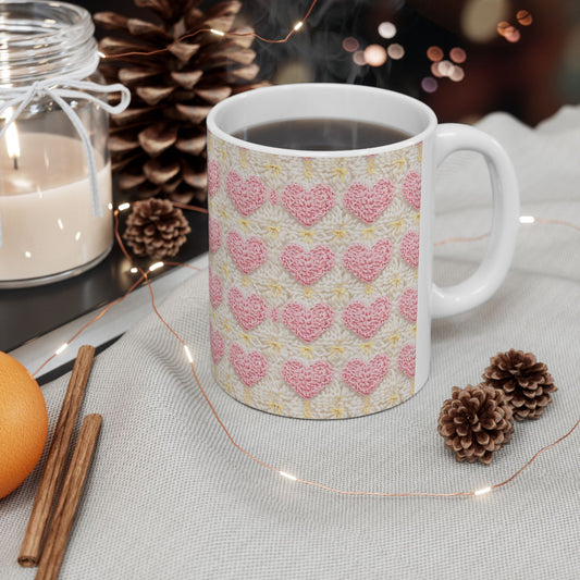 Crochet Love Heart Pattern Ceramic Mug - Perfect for Valentine's Day and Cozy Moments