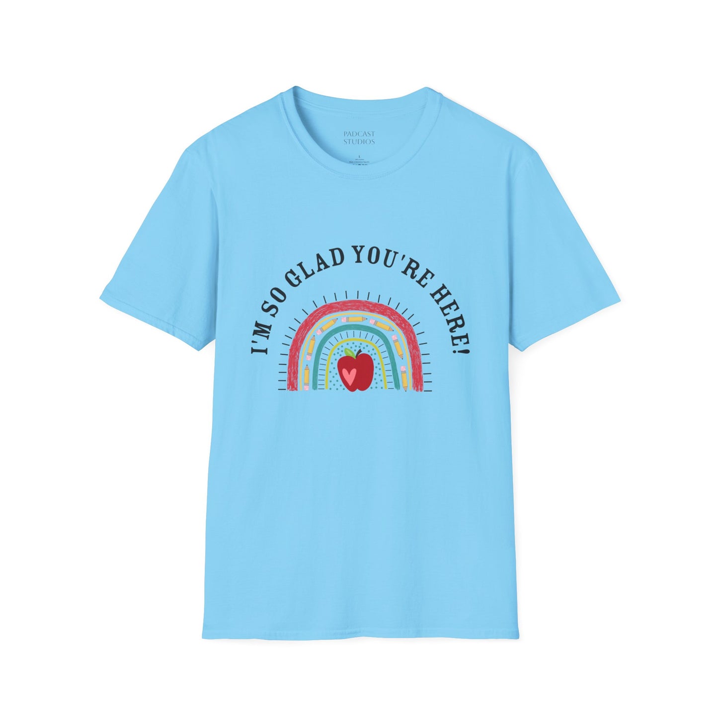 ''m So Glad You're Here! Rainbow, Apple Teacher Graphic T-Shirt Design, Perfect for Gifts, Casual Wear, Teacher Gift, Friends
