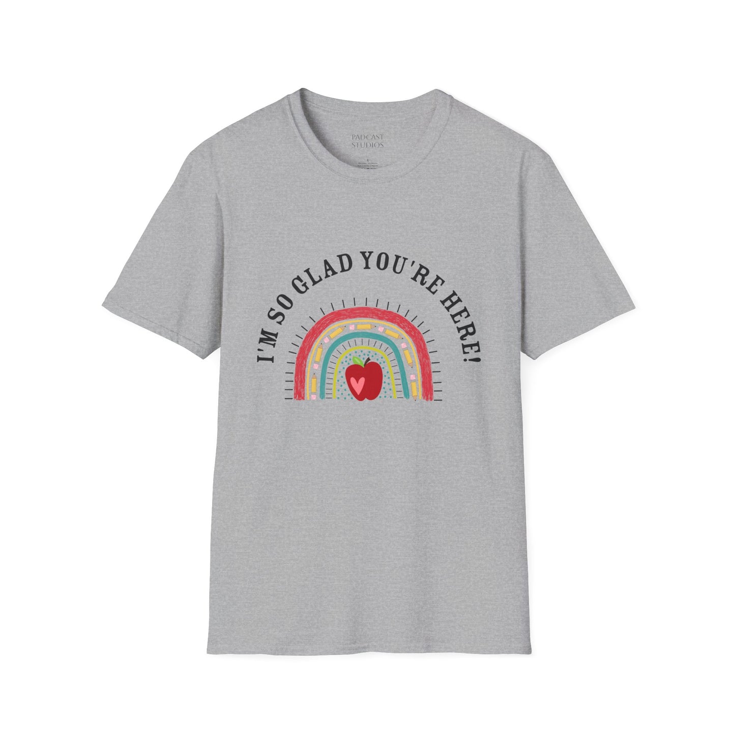 ''m So Glad You're Here! Rainbow, Apple Teacher Graphic T-Shirt Design, Perfect for Gifts, Casual Wear, Teacher Gift, Friends