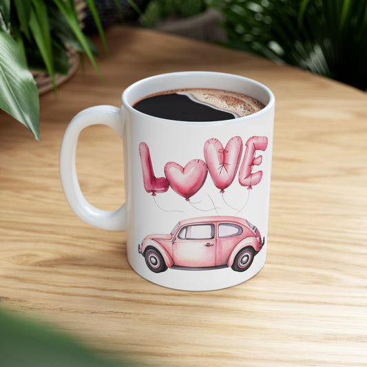 Vintage Love Car with Balloons Ceramic Mug - Ideal Gift