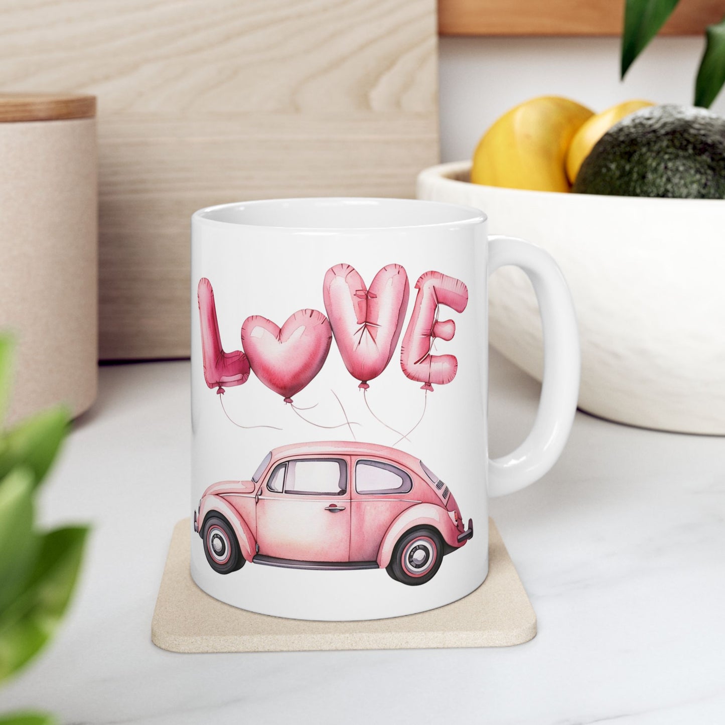 Vintage Love Car with Balloons Ceramic Mug - Ideal Gift