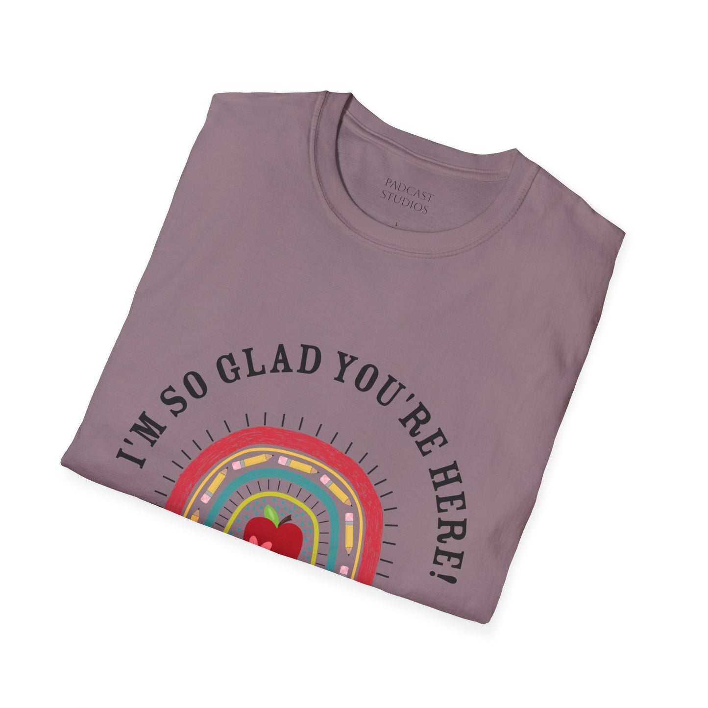 ''m So Glad You're Here! Rainbow, Apple Teacher Graphic T-Shirt Design, Perfect for Gifts, Casual Wear, Teacher Gift, Friends