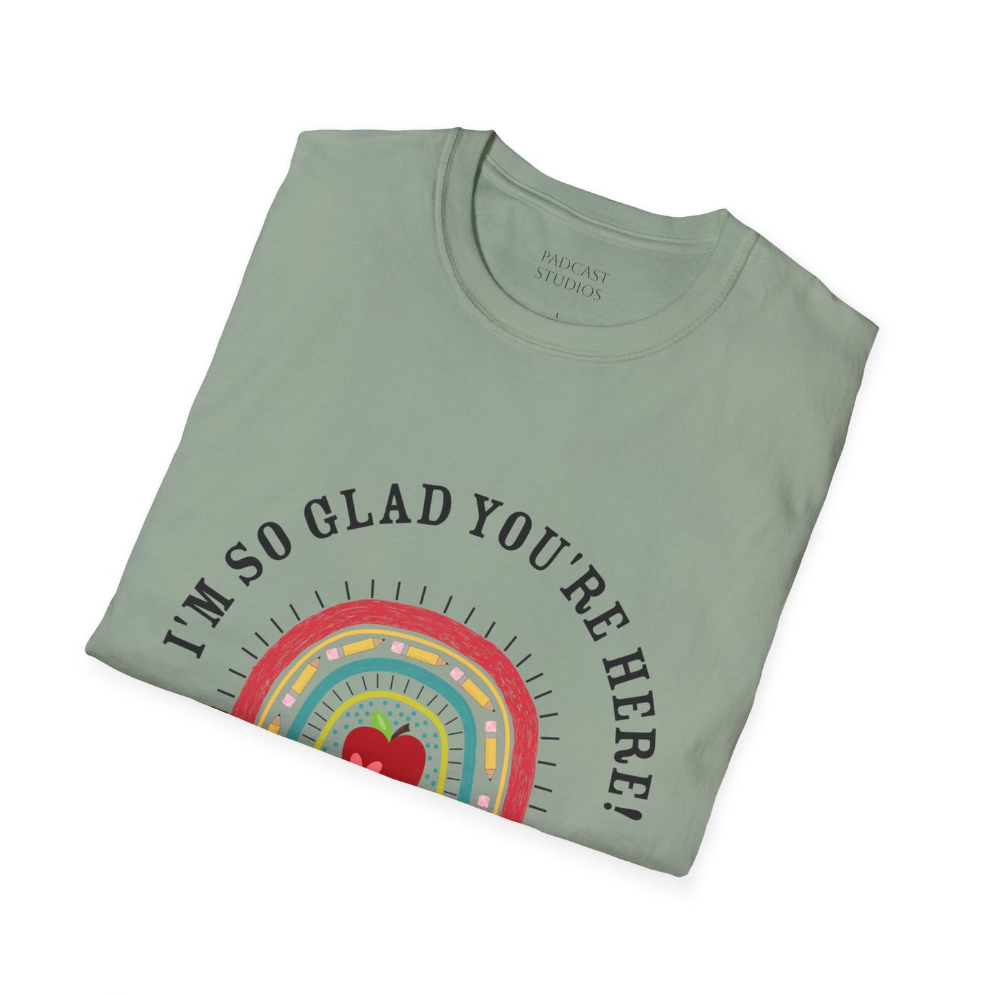 ''m So Glad You're Here! Rainbow, Apple Teacher Graphic T-Shirt Design, Perfect for Gifts, Casual Wear, Teacher Gift, Friends