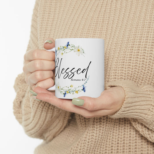 Blessed Floral Ceramic Mug - Inspirational Gift for Friends, Coffee Lovers, Spiritual Reminders, Home Decor, Holiday Gifts, 11oz 15oz Cups