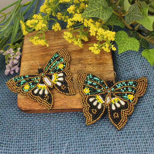 Vintage Style Glass Bead Embroidered Butterfly Earrings