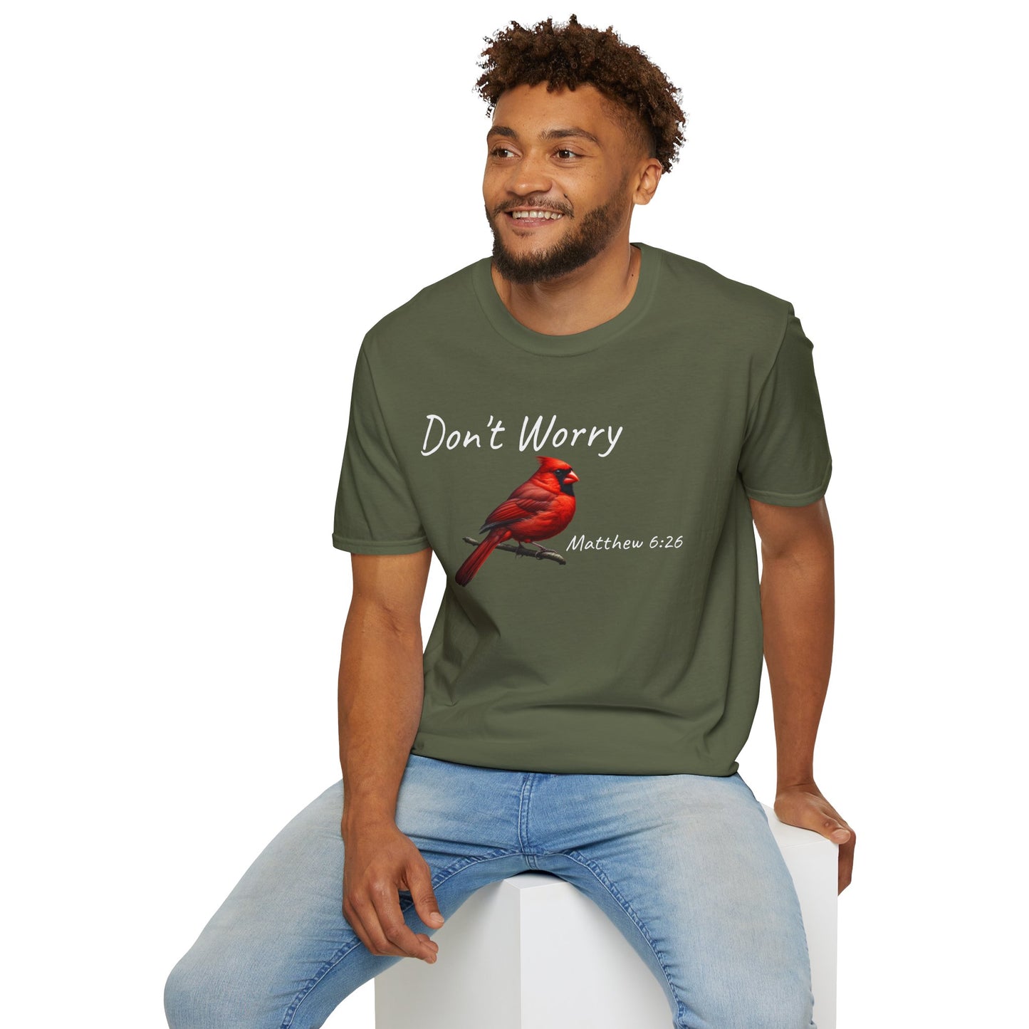 Christian Unisex Softstyle T-Shirt - "Don't Worry" Cardinal Design Matthew 6:26