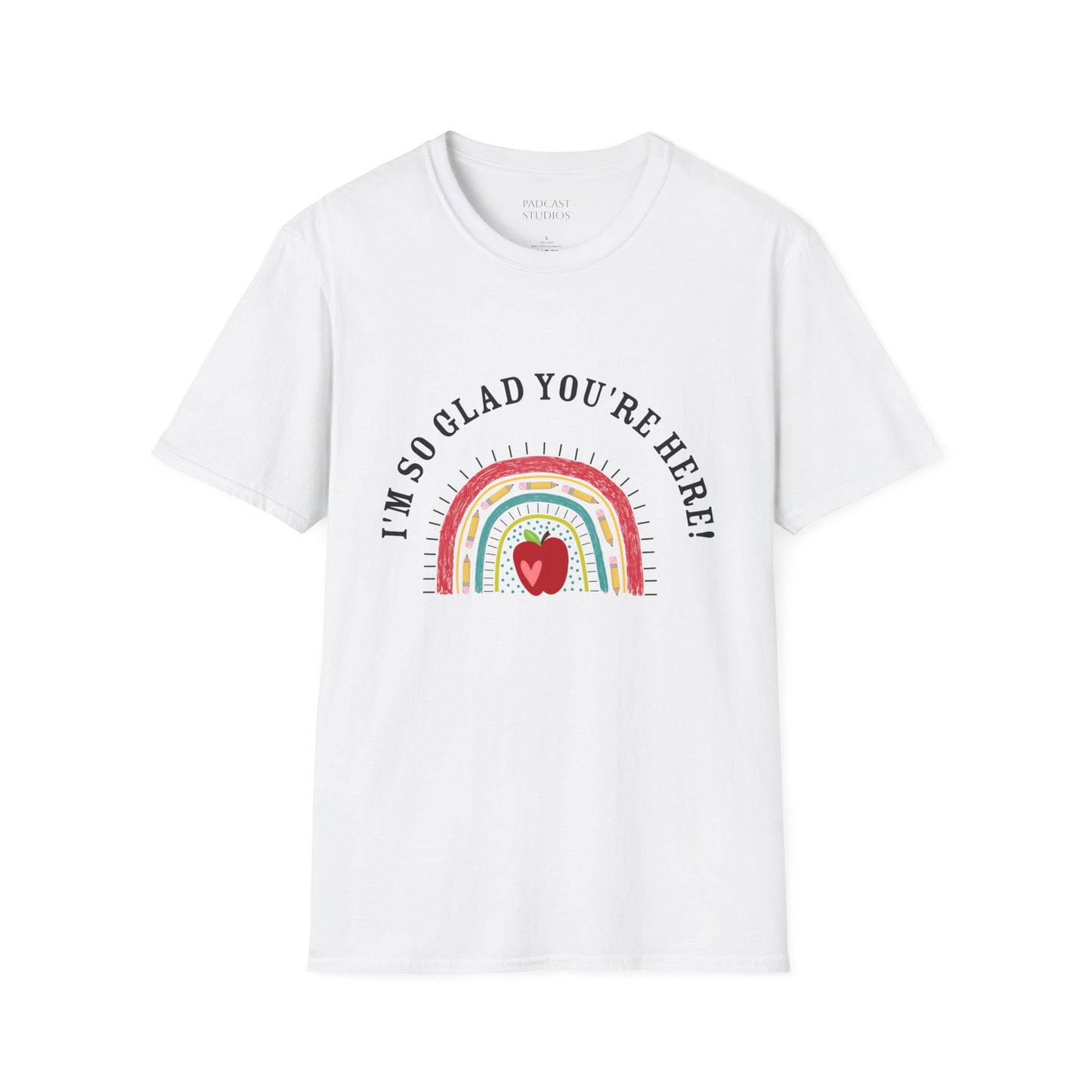 ''m So Glad You're Here! Rainbow, Apple Teacher Graphic T-Shirt Design, Perfect for Gifts, Casual Wear, Teacher Gift, Friends