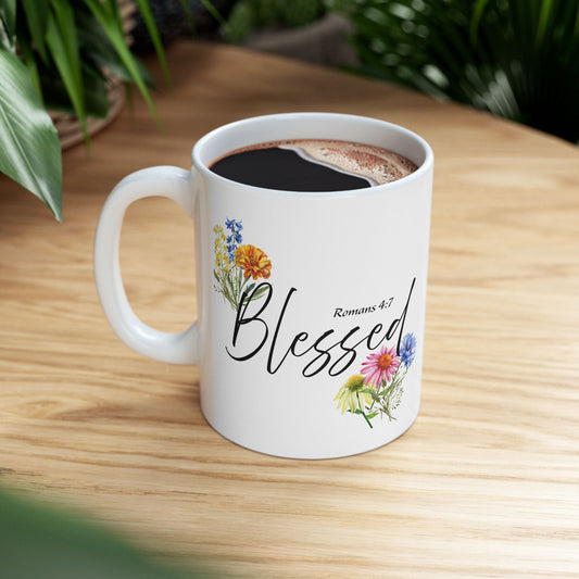 Blessed Floral Ceramic Mug, Inspirational Gift for Friends, Coffee Cup, Tea Mug, Home Decor