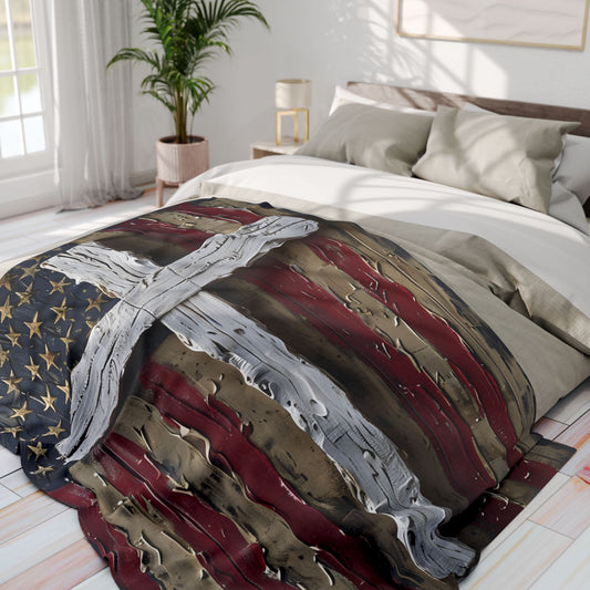 Patriotic Cross Fleece Blanket - Cozy American Flag Throw for Comfort & Faith
