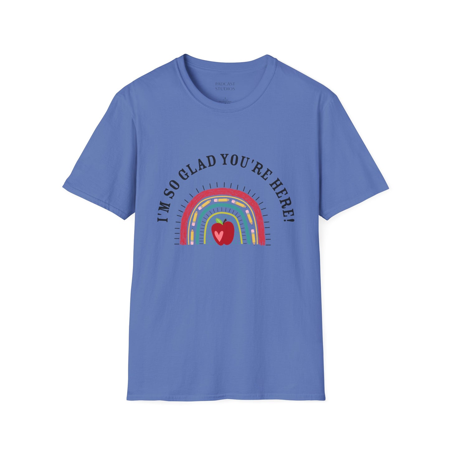 ''m So Glad You're Here! Rainbow, Apple Teacher Graphic T-Shirt Design, Perfect for Gifts, Casual Wear, Teacher Gift, Friends